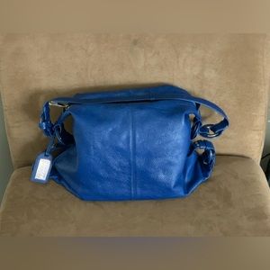 Badgley Mischka royal blue leather hobo bag, 15”L x 12.5”H x 4”W
